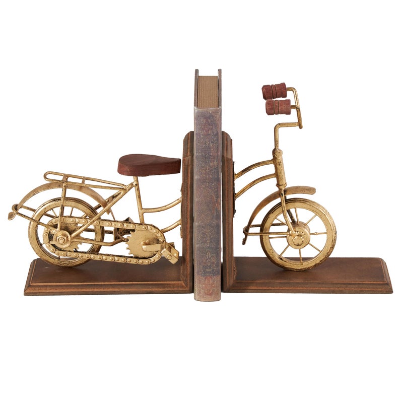 Deco 79 Wooden Bike Decorative Bookends Non Skid Bookends, Set of 2 Office Bookends7"W, 9"H, Brass - Image 1